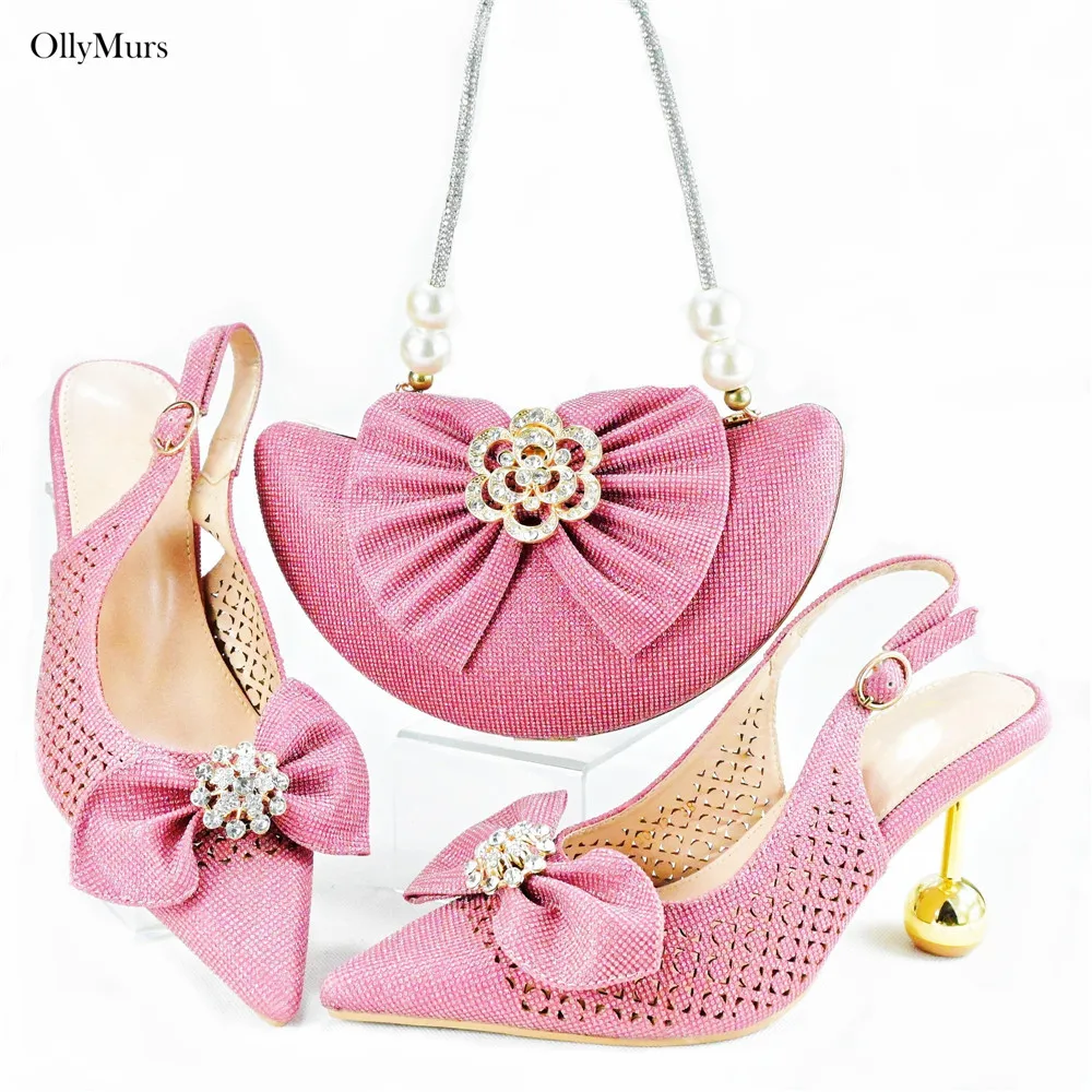 High Quality Ladies Crystal Shoes And Matching Bag Set African Style Woman High Heel Shoes And Bag Set For Party Free Shipping