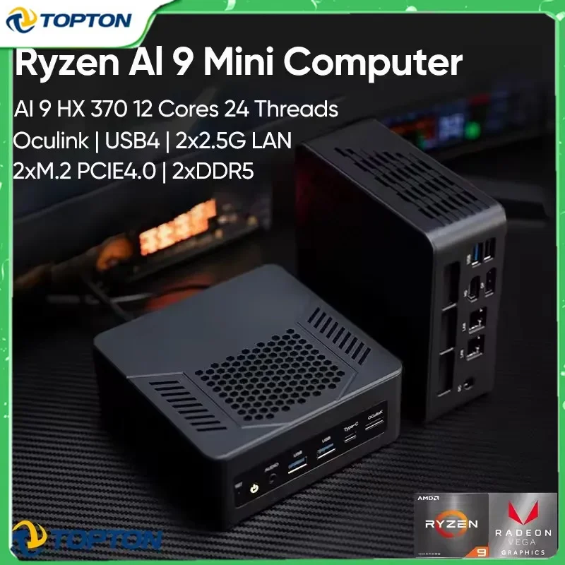 Topton Mini PC Gamer Oculink AMD Ryzen AI 9 HX 370 365 7 pro 360 USB4.0 2xDDR5 2xPCIe4 Windows 11 WiFi6 Desktop Gaming Computer