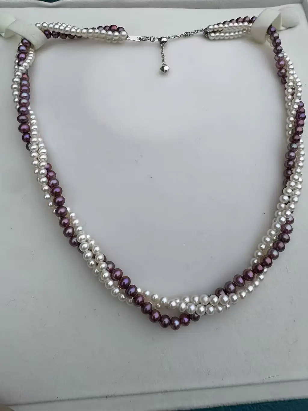 JSS Collar de perlas de agua dulce de 3-4 mm, dos tonos, perlas de arroz violeta y blanco, cadena de doble capa, regalo dulce romántico para ella