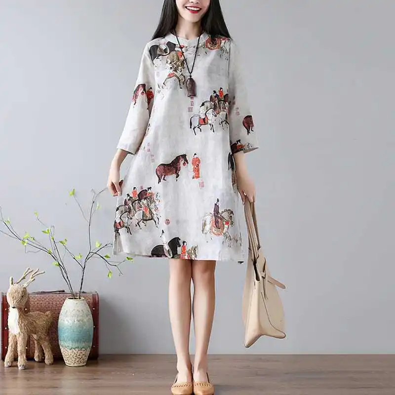 

Chinese Stand Up Collar Button Printing Cotton Linen Cheongsam Dress Ethnic Style Ink Wash Painting Loose Comfortable Qipao