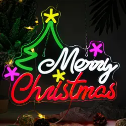 Merry Christmas Neon Sign Christmas Tree LED Light For Wall Decor Room Decoration Stars For Home Party New Year Dimmable Lamp