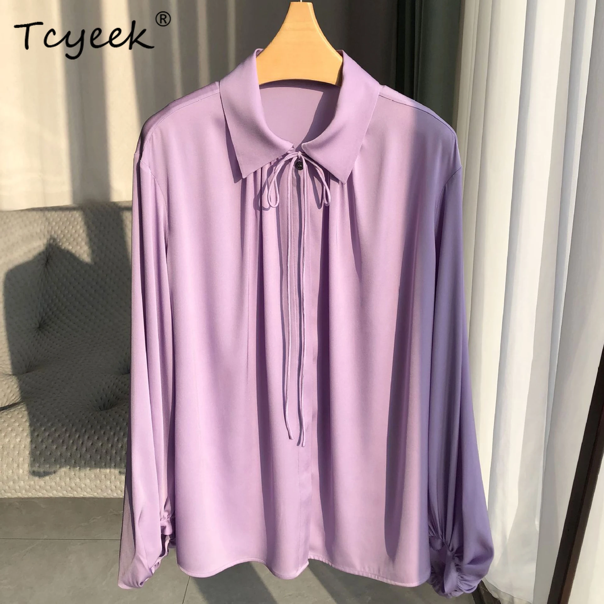 Tcyeek, elegancka koszula damska, długi rękaw typu latarnia, luźna bluzka codzienna, 95% jedwab, 5% spandex, kolekcja wiosna-jesień 2024 T4N932JC