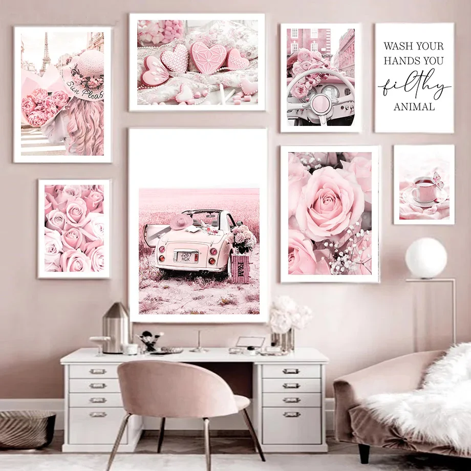 Pink Rose Paris Tower Vintage Car Macaron Cake Wall Art Canvas Painting Posters And Prints Wall Pictures For Living Room Decor