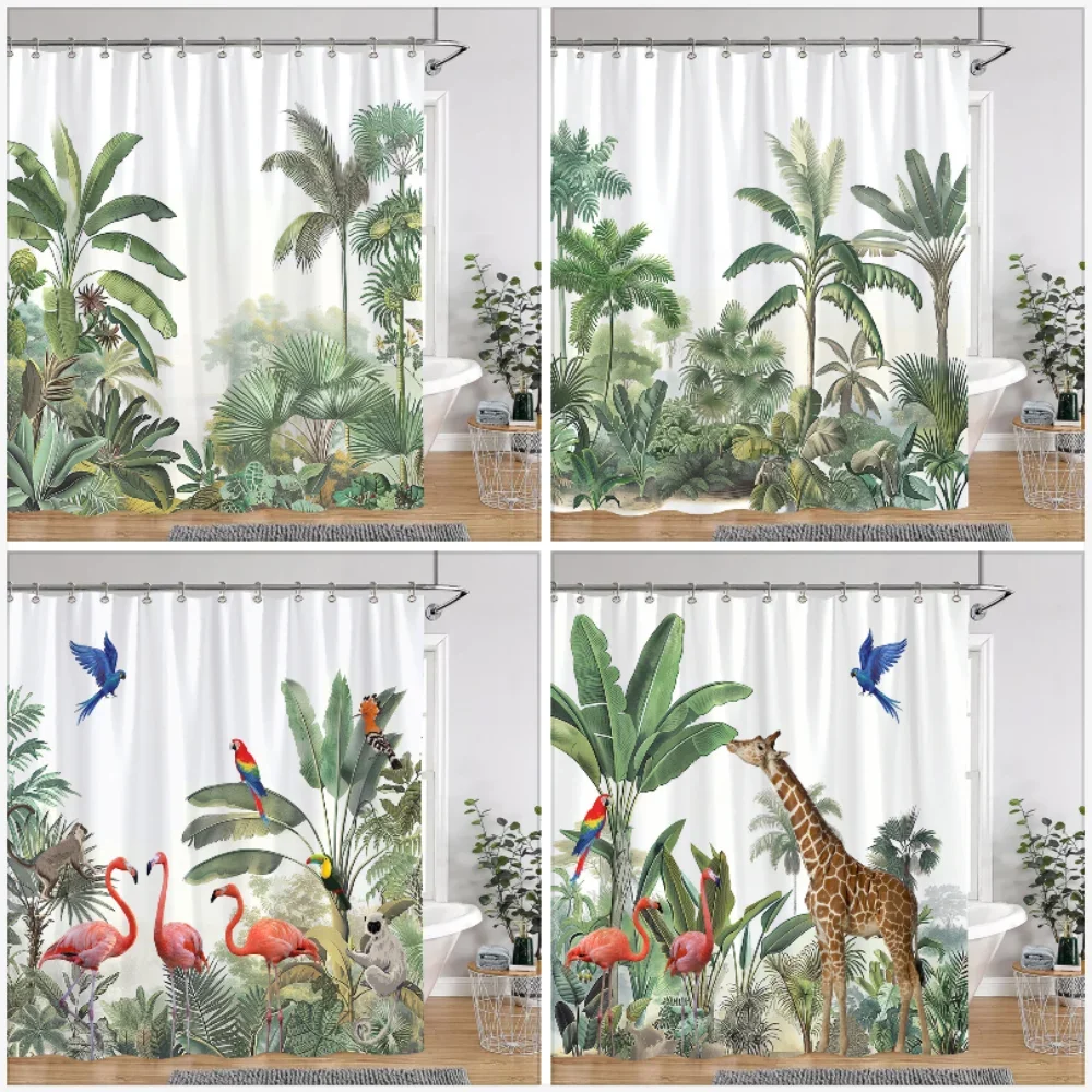 Tropical Botanical Jungle Animal Shower Curtain Coconut Flamingo Giraffe Bluebird Polyester Fabric Shower Curtain Bathroom Decor