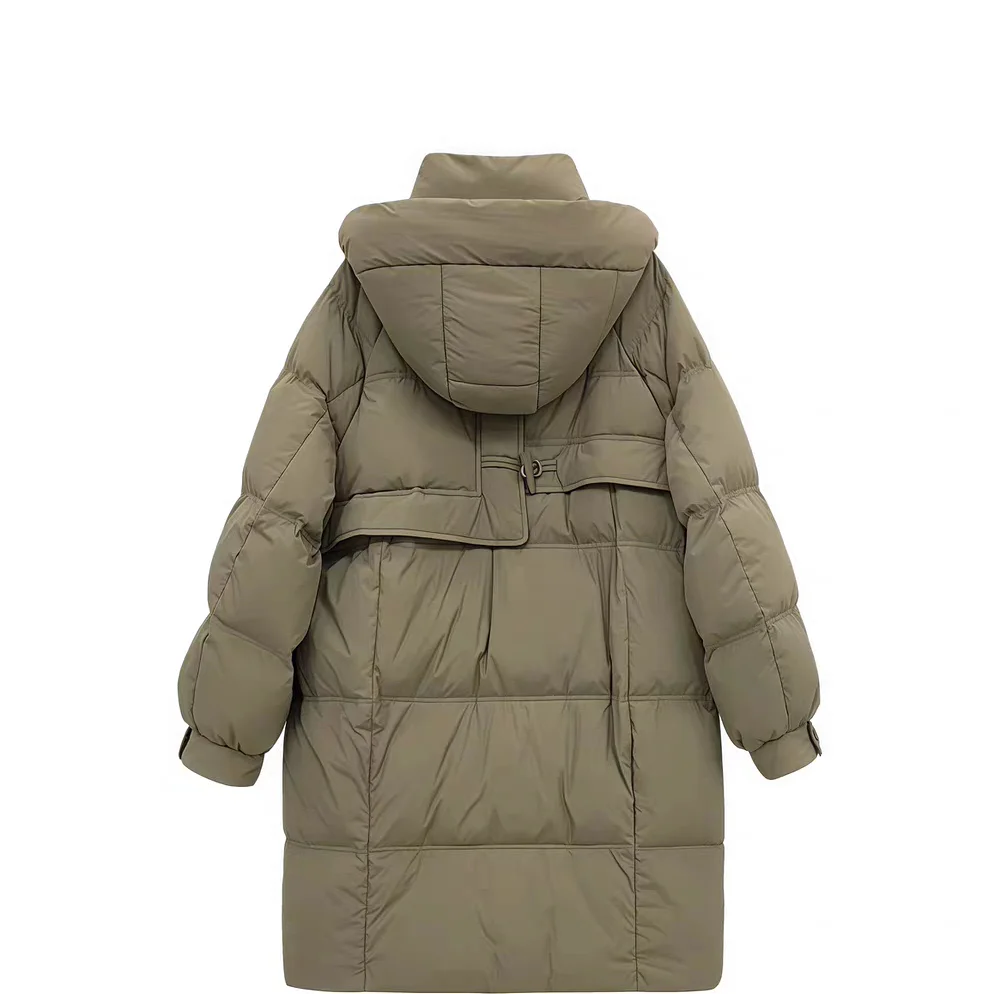 화이트 두 다운 자에 여성용 비대칭 디자인 한국 스타일 겨울 중간 길이 후드 코트 버튼 프론트 클로저 단색