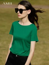 AMII Minimalism T Shirt for Women 2023 Spring Summer Casual Solid White Short Sleeve Women's Clothing 4 Colors Top Tees 12322040