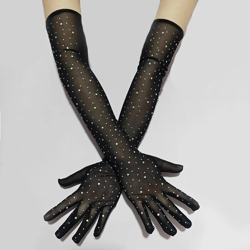 

52cm Women Thin Sexy Lace Shining Flash Drilling Elasticity Mesh Long Gloves Fashion Prom Party Club Stage Performance Cosplay