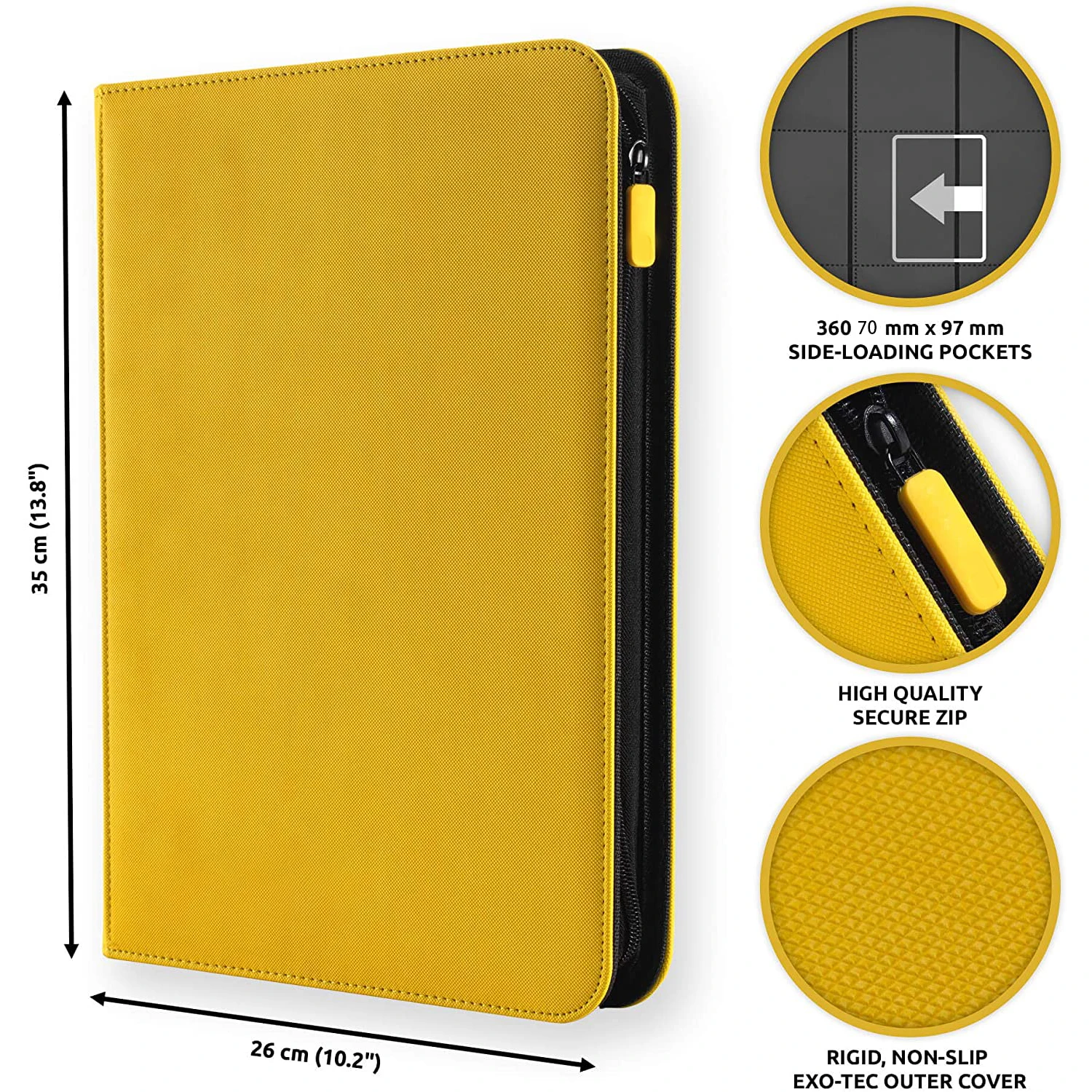 9 Pocket Premium Binder with Zipper for 360 Cards - Side Loading Pockets for Trading Card Games TCG (YELLOW)