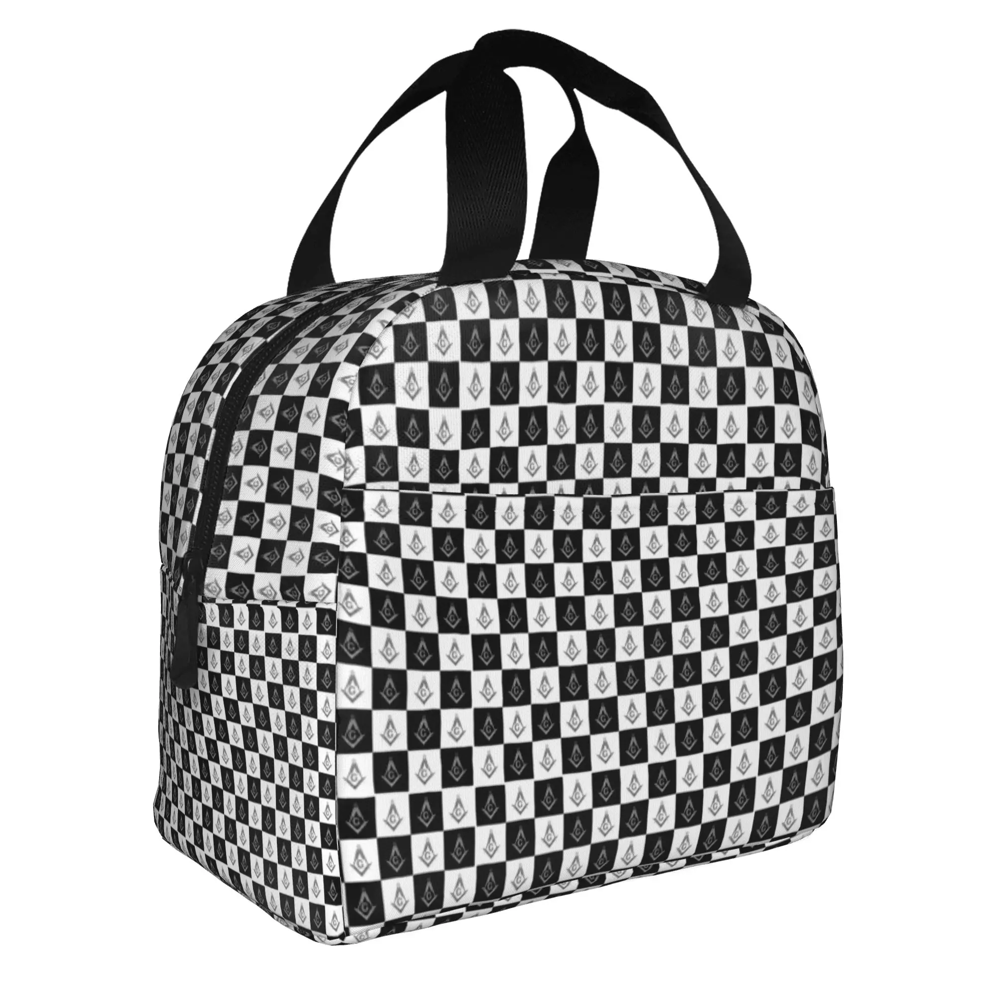 Freemason Checkered Black And White Pattern Insulated Lunch Bag Masonic Mason Thermal Cooler Lunch Box Office Picnic Travel