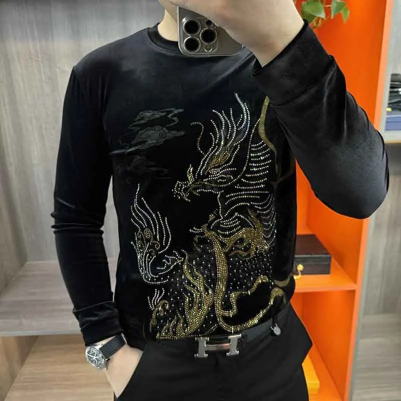 

2025 European Men's Autumn New Gold Velvet Long Sleeve Round Neck Sweater Personalized Hot Diamond Casual Undershirt