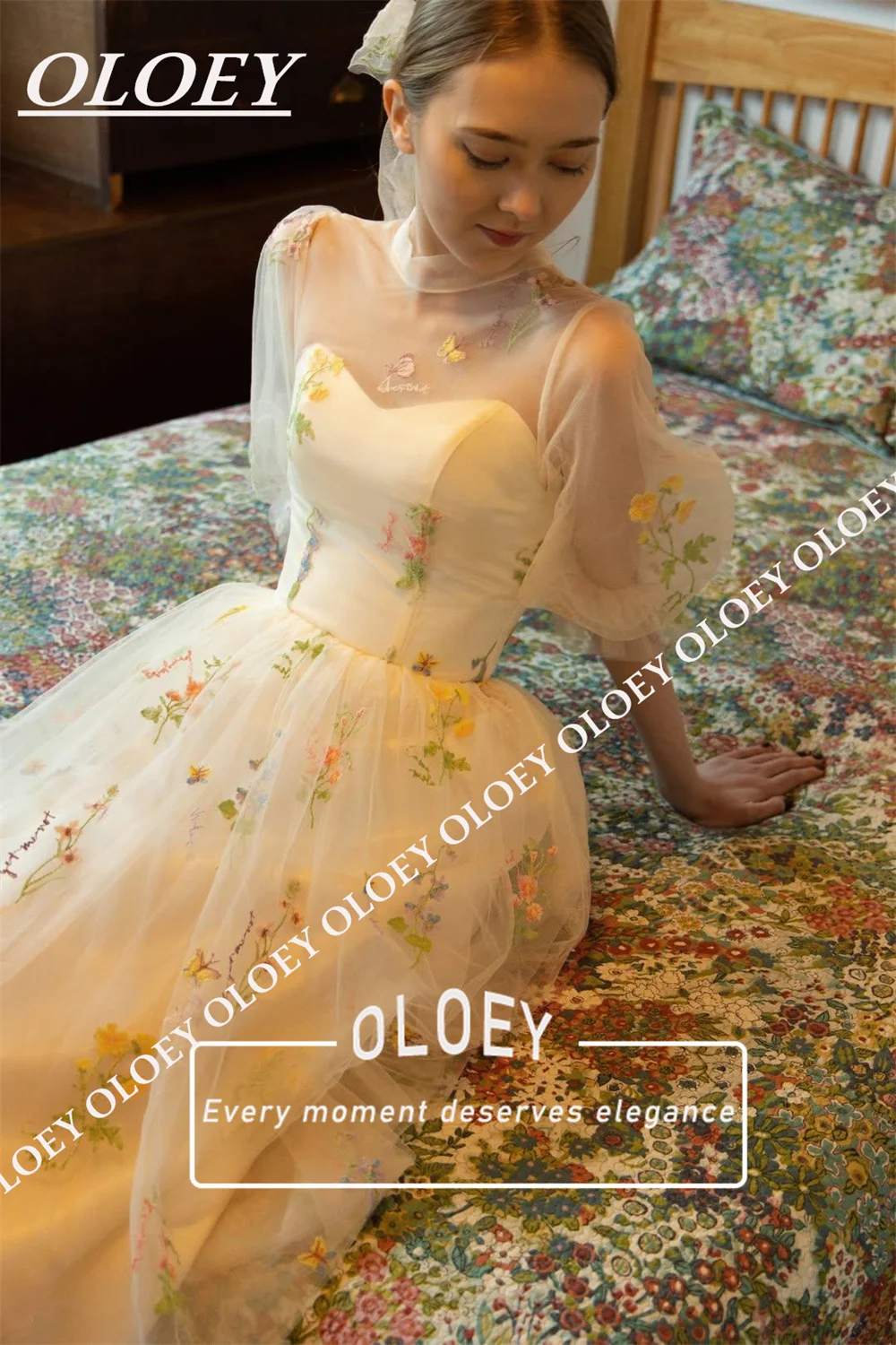 OLOEY Fairy Floral Embroidery A Line Korea Wedding Dresses Photoshoot O Neck Short Sleeve Bridal Gowns Customised Floor Length