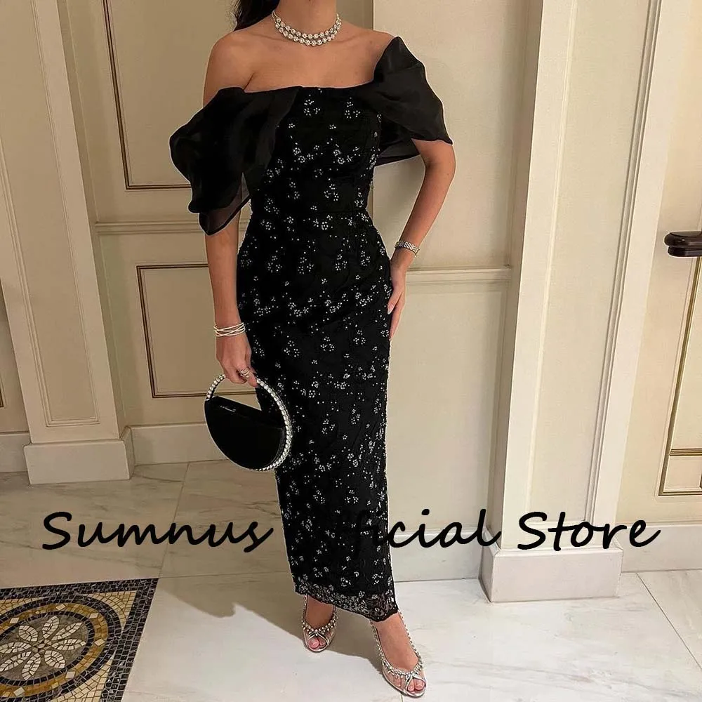 Sumnus Black Off Shoulder Mermaid Evening Dresses Luxury Sequins Beads Saudi Arabic Party Prom Dress Elegant Long Formal Gowns