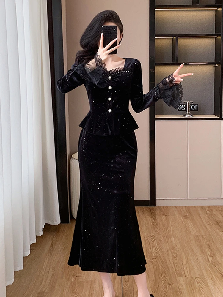 France Elegant Spring Fall Black Velvet Women Two Piece Sets Ruffled Hem Short Top + Mid Mermaid Skirt Suits Female Outfits