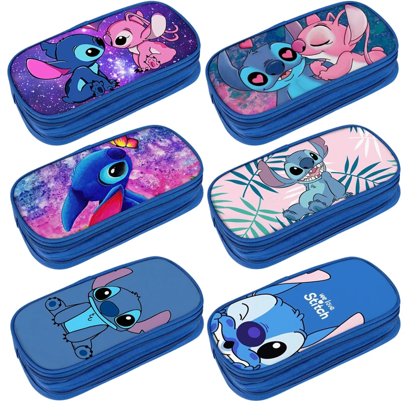 Disney Stitch Pencil Bag Case Anime Figure Double-Layer Large Capacity Multifunctional Pen Case Students Stationery Box Gifts