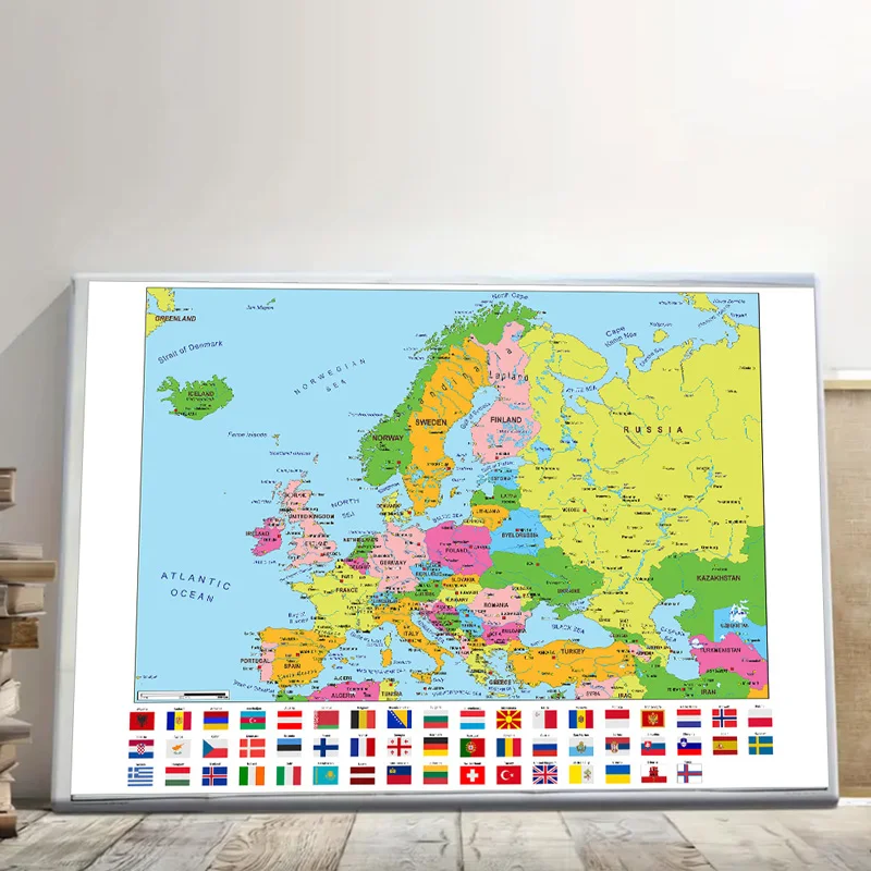 European Map-Political Distribution-with Flags,Wall Map Poster,for Home Office Classroom,Travel/Educational Supplies