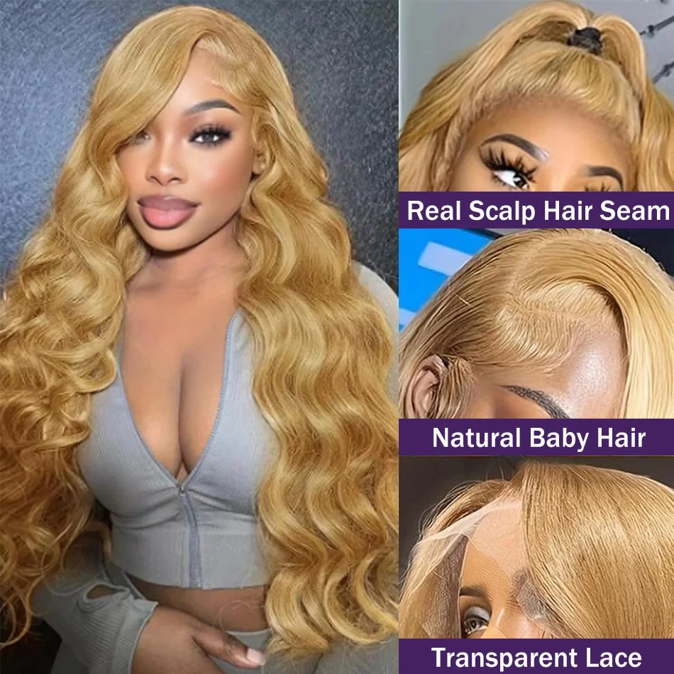 Brazilian 13x4 Transparent Honey Blonde Lace Frontal Wigs 27# Colored Lace Front Human Hair Wigs 13x6 Body Wave Wigs For Women