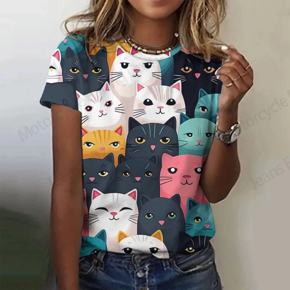 Summer New Women T-shirt 3d Lovely Cat Print Tshirt Women Fashion Crew Neck Short Sleeve T shirt Animal Graphic Tops Tees Ladies