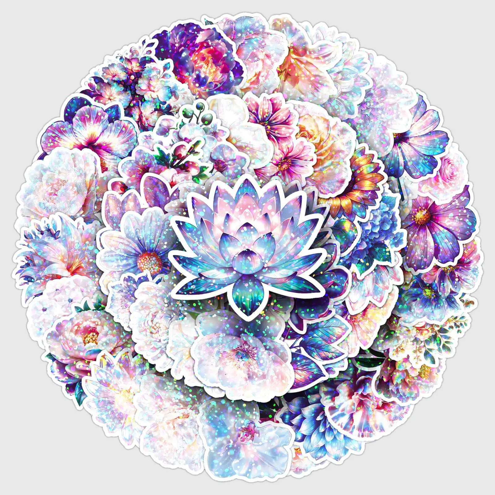 สติกเกอร์ลายดอกไม้หลากสี 10/30/50 ชิ้น ฟิล์มเลเซอร์ลายพืช สำหรับตกแต่ง DIY กันน้ำ ใช้ได้กับสเก็ตบอร์ด สมุดโน้ต ของเล่นลายกราฟฟิตี้