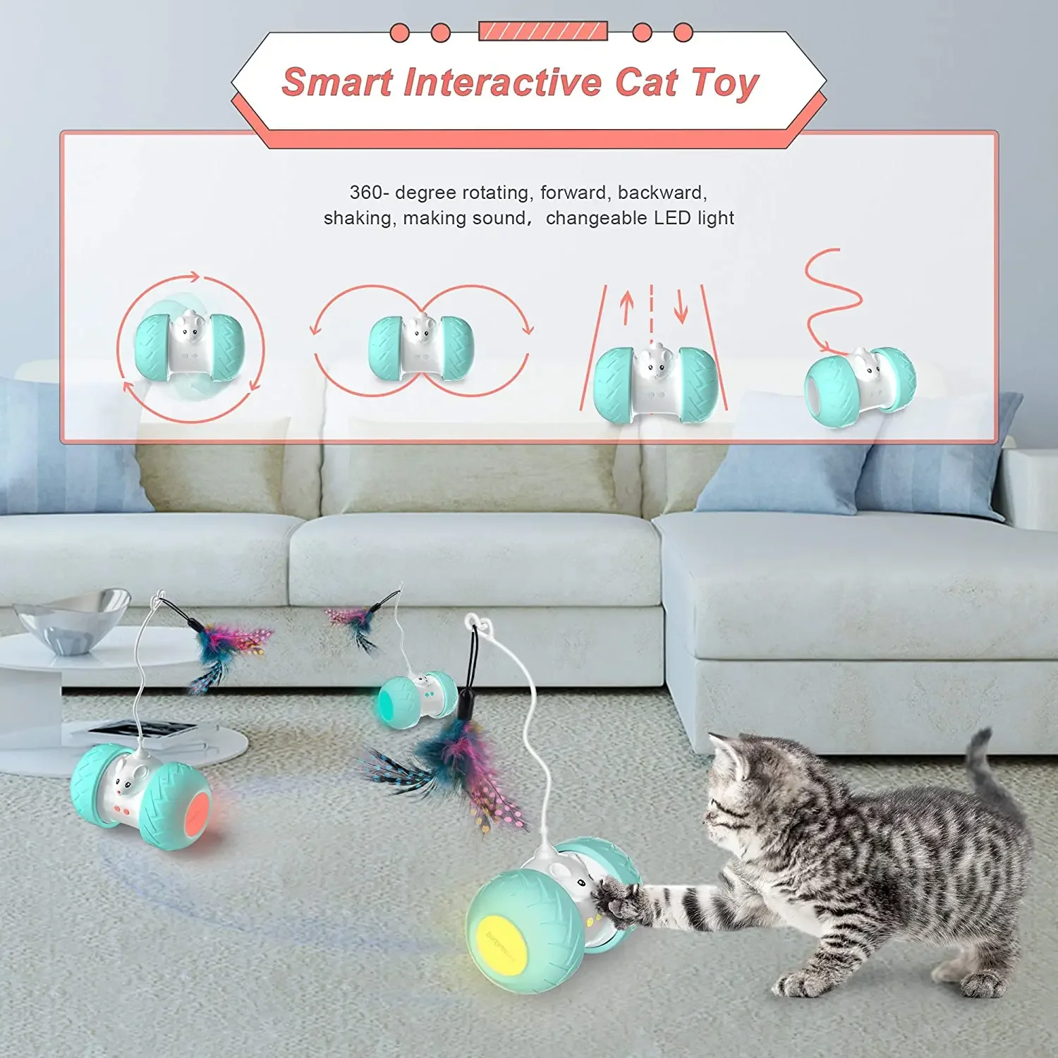 Interactive Toys for Indoor Cats, Automatic Kitten Toys, Electronic with Mouse and 3 Feathers for Cats to Play Alone Exercise