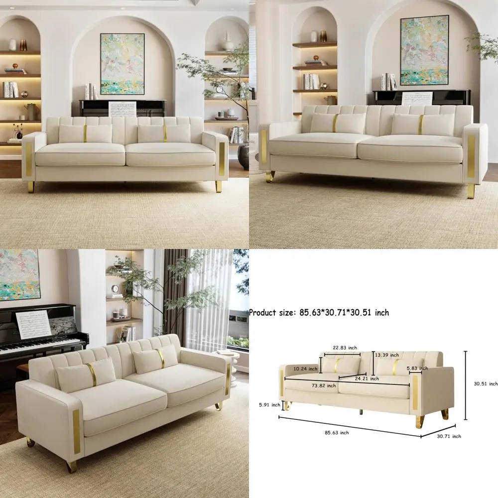Modern Beige Velvet Loveseat Sofa with Gold Legs and 2 Pillows for Living Room