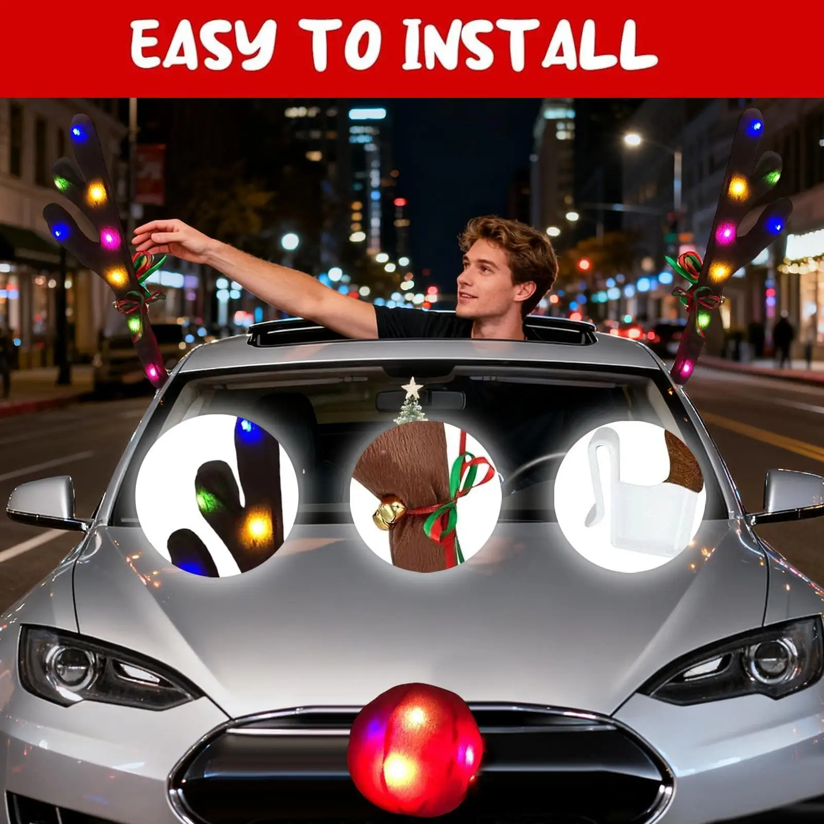 

Car Antlers For Christmas LED Cute Party Supplies With Nose And Jingle Bells Christmas Reindeer Decor For Travel Daily Special