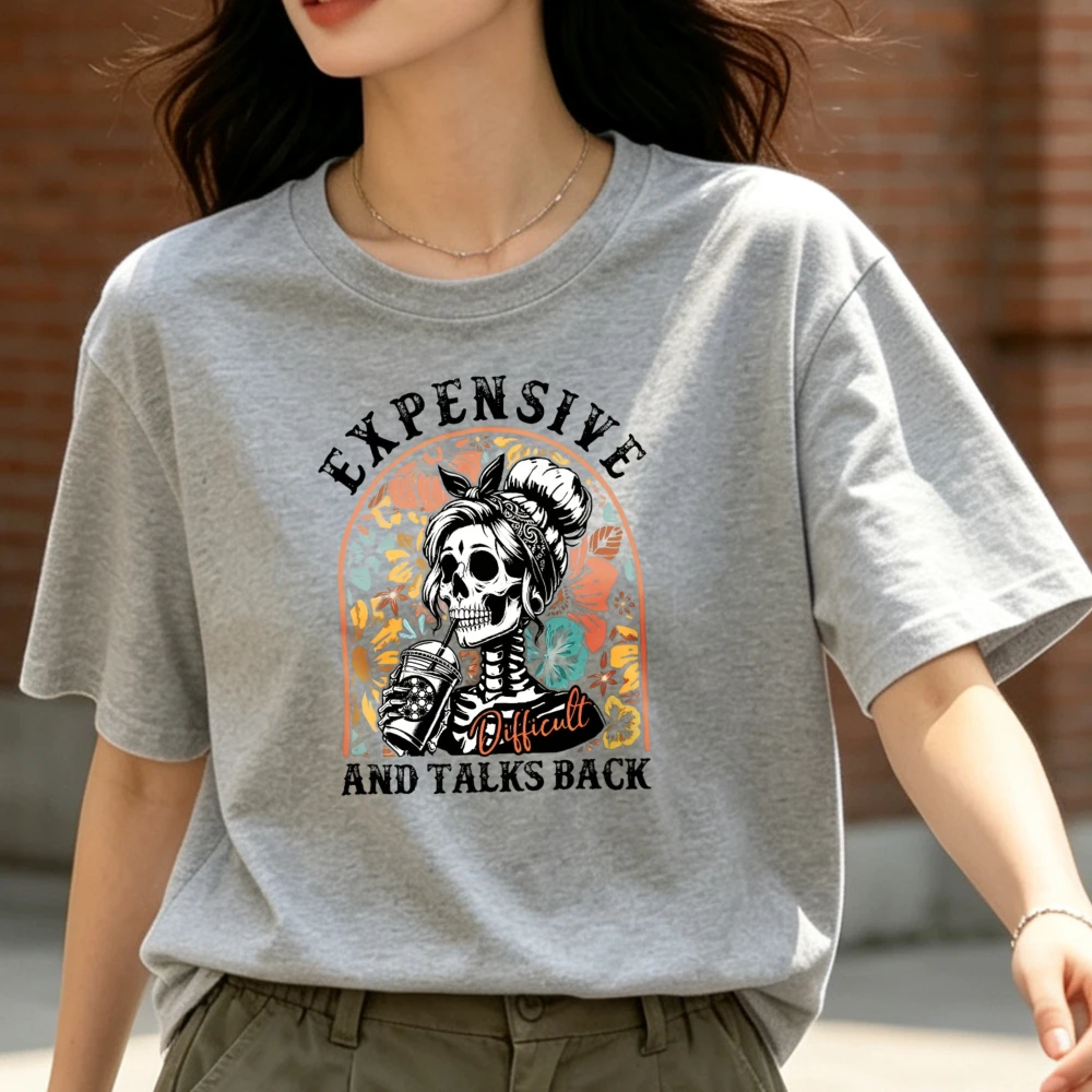 Boho Gothic Graphic Tee Unisex Skeleton Lady Coffee Expensive Difficult Talk Back Floral Print Tshirt Y2K Casual Streetwear Tops