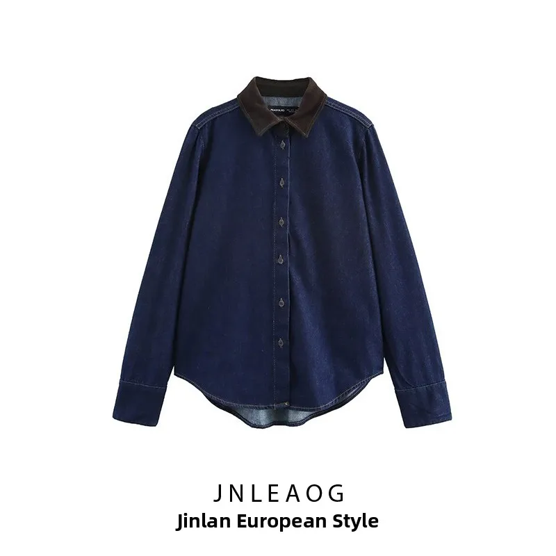 

JNLEAOG New Women's Faion Design Matching Plaid Denim irt Loose Fit Polyester Fiber Long Sve Girls' irt 2025 Autumn