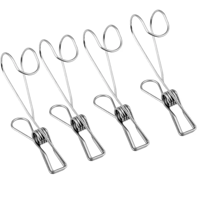 4 Pcs Stainless Steel Long Tail Clip with Hooks Metal Hanger Clips Clothes Pins for Hanging Outdoor Kitchen Office