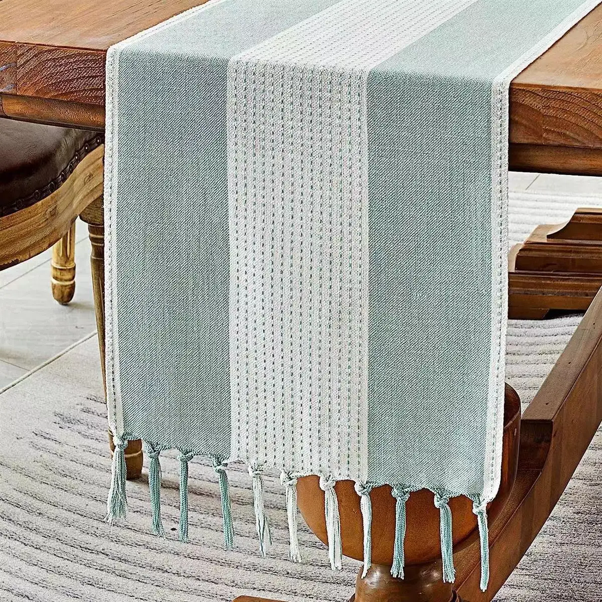 

White light blue style table flag cotton and linen tablecloth handmade tassel tea table mat home long table decorative fabric