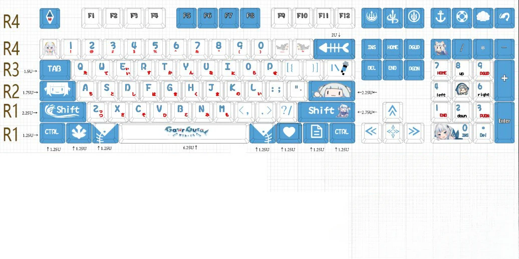 Cute PBT Keycaps para teclado mecânico, Hololive Gawr Gura Anime, Cherry MX Switch, Custom Game Gift, 132 teclas por conjunto