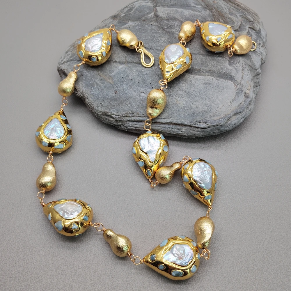 

Y·YING Natural Stone White Pearl Blue Larimar Choker Strand Brushed Bead Necklace Handmade Jewelry Wholesale