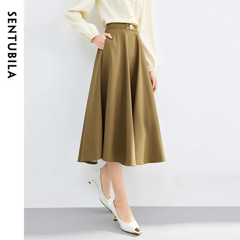 SENTUBILA A-line Black Skirt for Women 2024 Autumn Metal Decoration High Waist Classic Office Lady Long Skirts 141Q51776