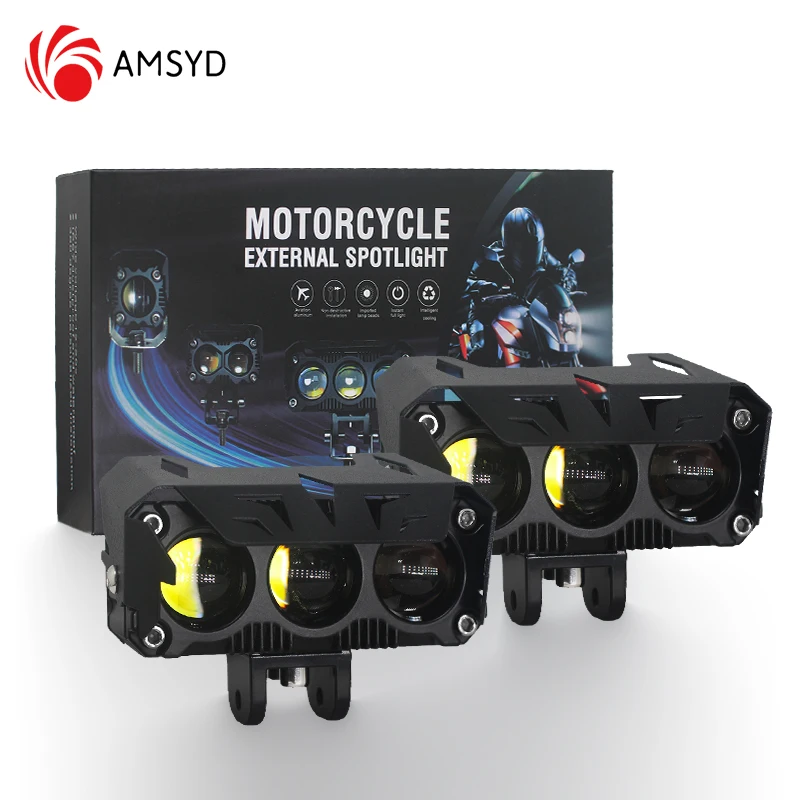 2pcs 3 Lens Motorcycle Headlight LED Work Light Dual Color Hi/Low Beam Spotlight Flashing Fog Lamps White/Yellow Led Para Motor