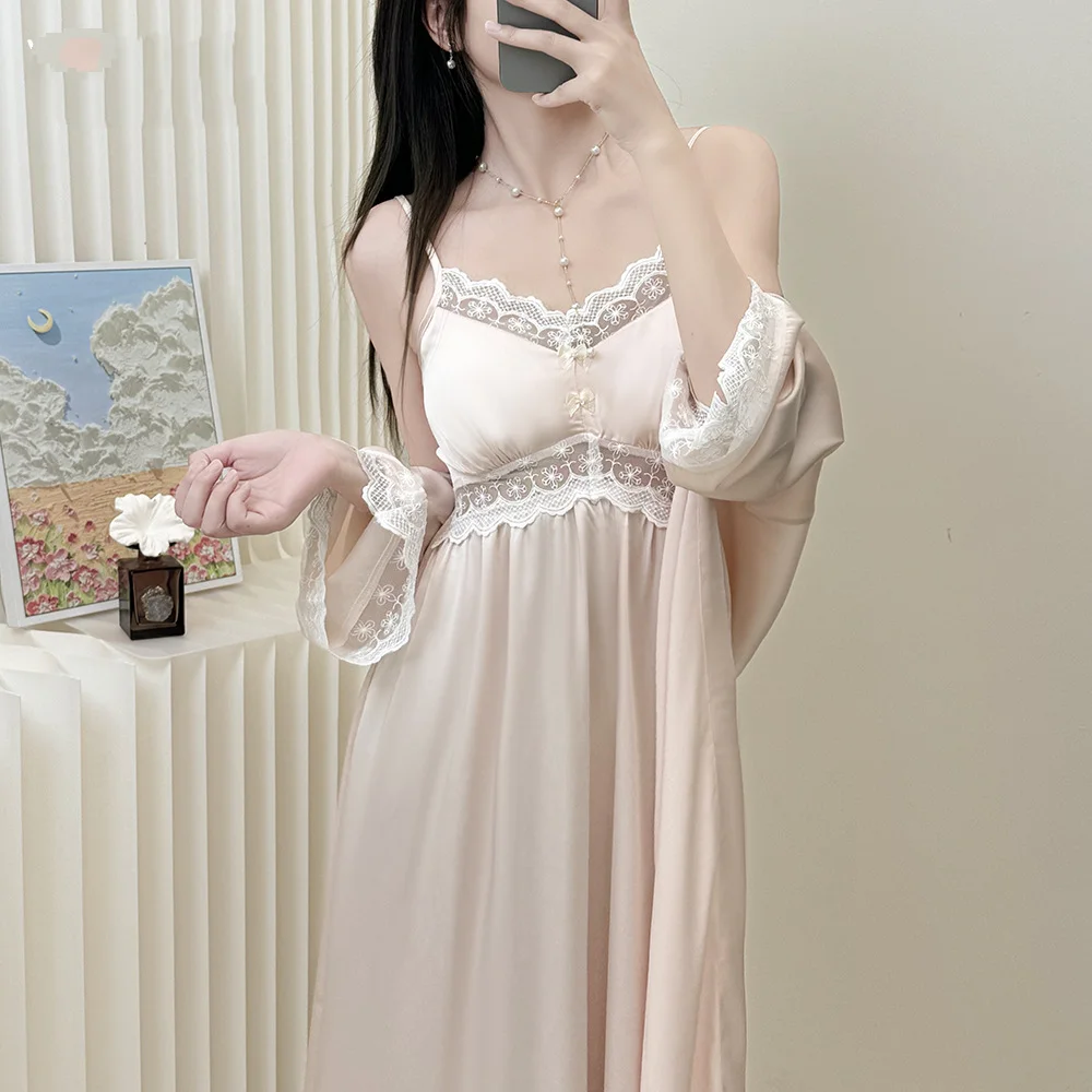 

Ladies' Ice Silk Suspender Nightgown with Chest Cushion Summer Pure Desire Long Style Sexy and Elegant Lace Thin Home Clothing