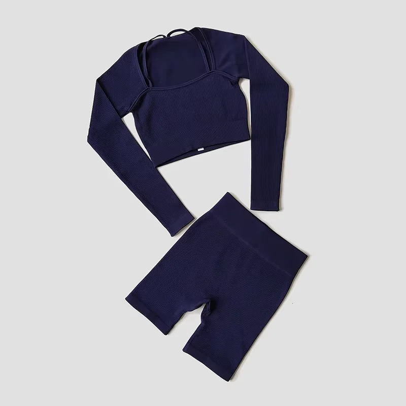 

2PCS Seamless Yoga Set Ribbed Long Sleeve Crop Top Shirt High Waist Gym Shorts Workout Clothes Fitness Suits