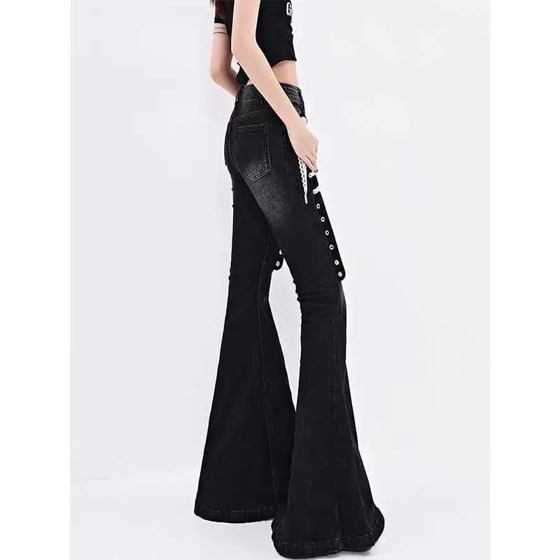 Vintage Gothic Black Flare Jeans Vrouwen Kant Bandage Goth Punk Slanke Denim Broek Streetwear Amerikaanse Retro Y2k Broek