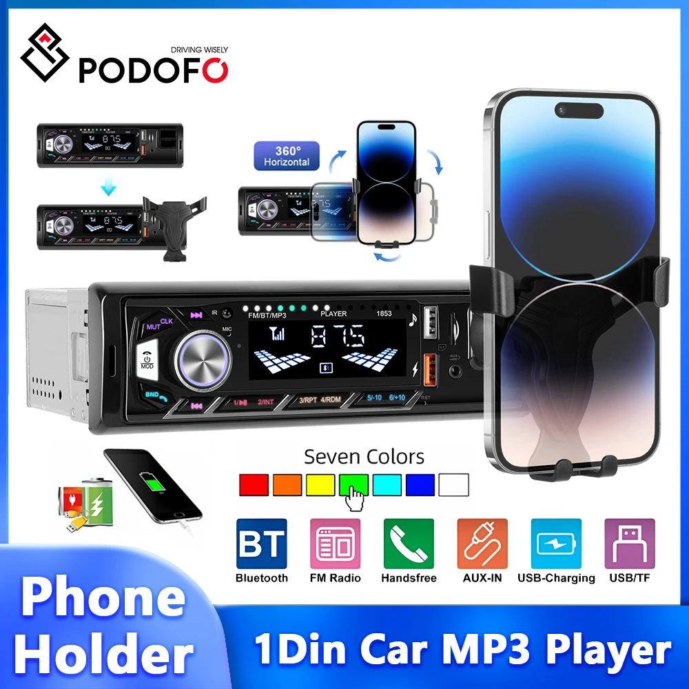 Podofo 1Din In-dash Car MP3 Player with Phone Holder Bluetooth FM Radio Support TF Card/USB Charging Flash Disk AUX-IN Car Radio