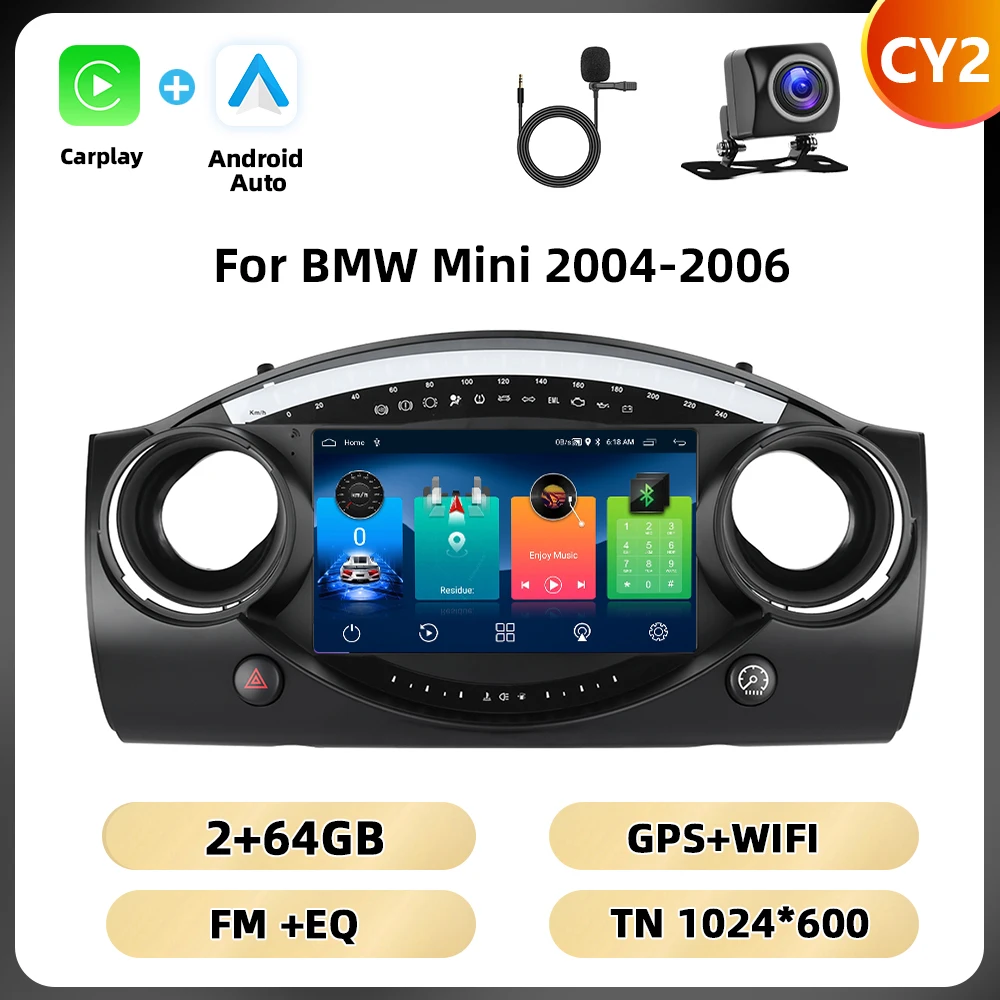 Podofo 8+128G 8-core autoradio voor BMW Mini 2004-2006 multimediaspeler Android Auto Carplay WIFI 4G Qualcomm AI spraakbesturing auto-audio