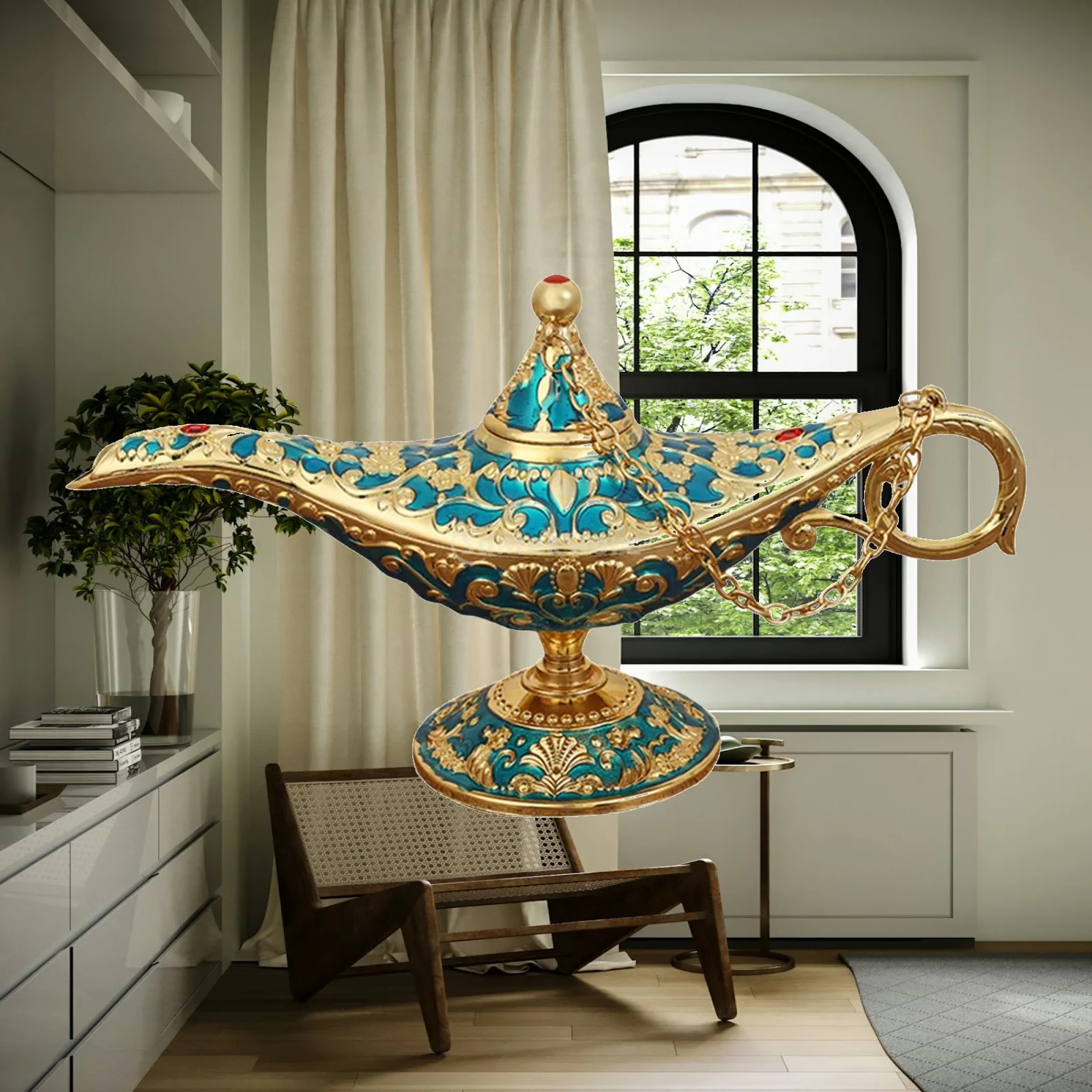 Aladdin Lamp Wishing Light Vintage Arabian Decor Gold Accent Genie Art Zinc Alloy Tabletop Home Office Collectable Christmas
