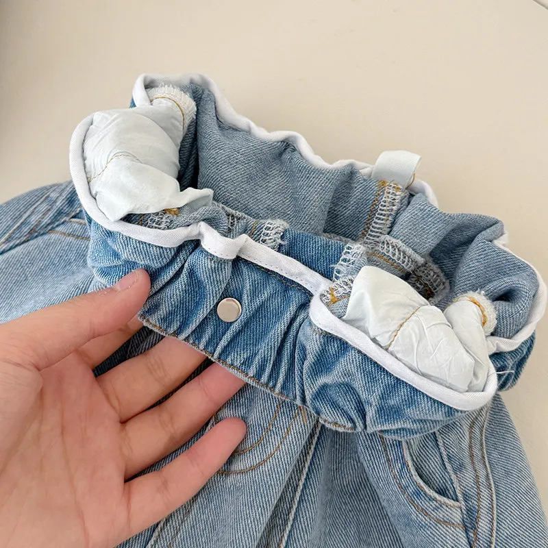 Girls Spring Jeans 2026 New Style Curved Knife Splicing Folded Washed Pants Medium and Large Pants Loose