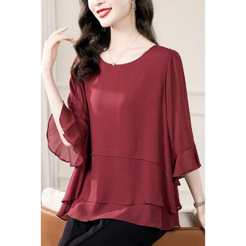

Women's Ruffle Sleeve Chiffon Blouse Loose Slimming Mom Wear Elegant 3/4 Sleeve Top For Summer In Burgundy