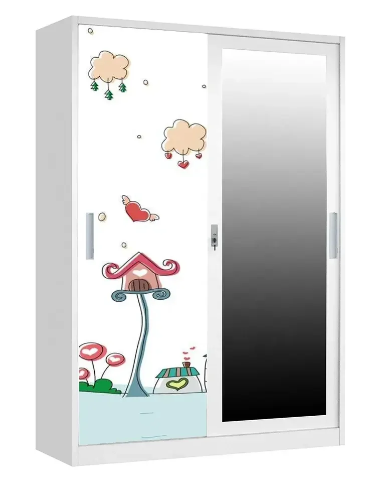 

2 Sliding Door Printing Pattern Metal Almirah Wardrobe Household Bedroom Steel Wardrobe