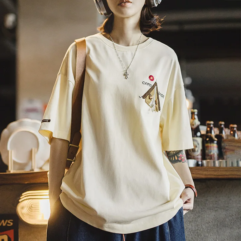 Maden Women's Vintage Embroidered Short Sleeve T-Shirt Heavyweight Cotton Tee Baggy Fit Ribbed Crew Neck Retro Casual Basic Top