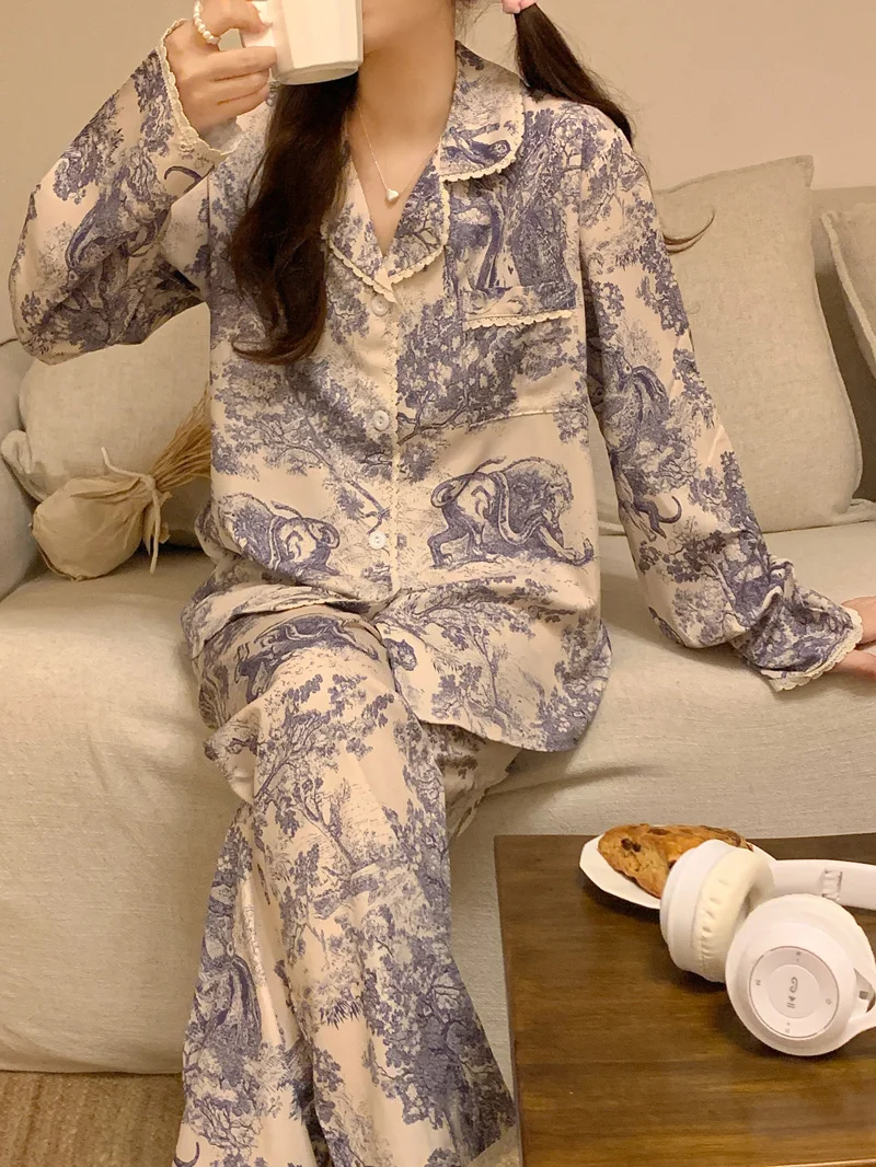 Vintage Totem Pattern Autumn Pajamas Set Women Single Breasted Shirts + Trousers Cotton Casual Sleepwear Lace Elegant Home Suit