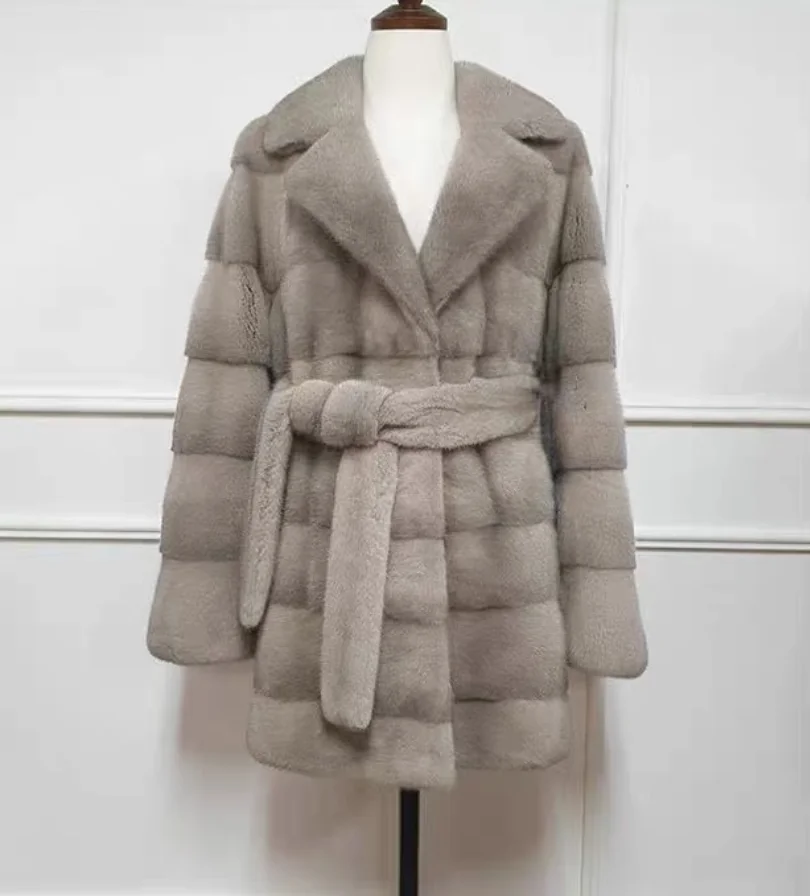 Cappotto da donna in vera pelliccia di visone, cappotto con cintura ribaltabile, caldo e alla moda, invernale