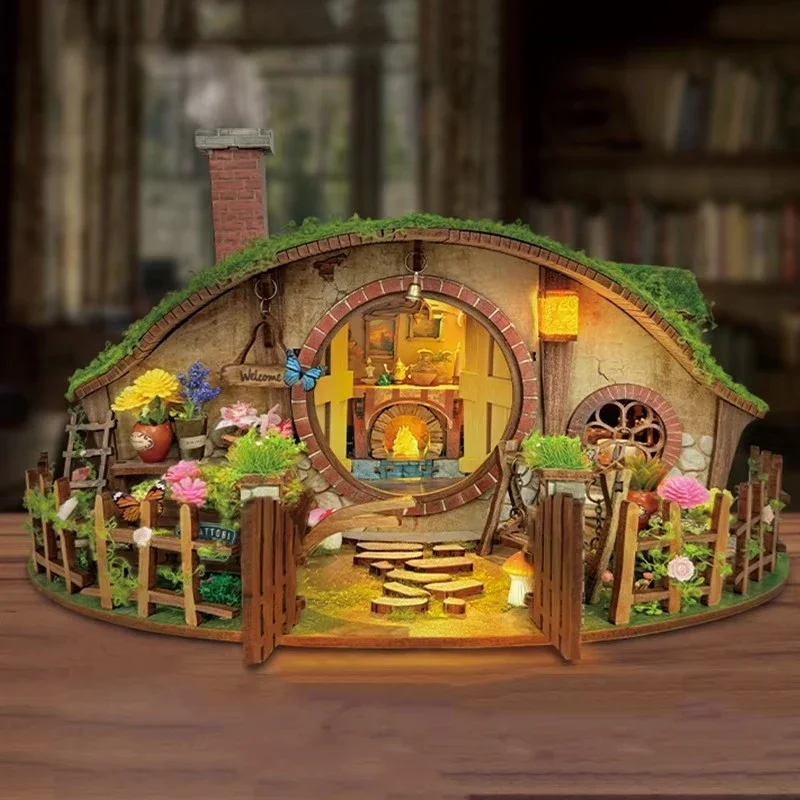 

Retro DIY Wooden The Magic Ring House Figurines Miniatures Kits With LED Lights Home Desk Decoration For Adult Handmade Gifts