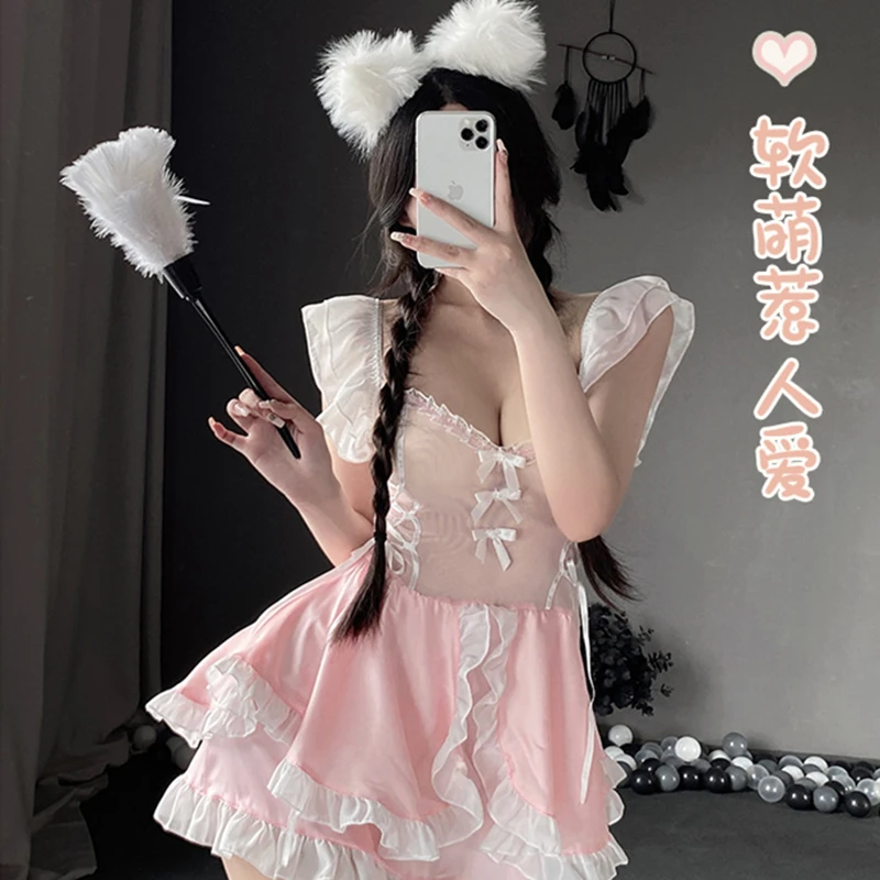 Scollo a V Lolita Maid Outfit pizzo Ruffles Dress Costume Cosplay Cat Girl Kawaii Tempatation giapponese Sexy Lingerie Backless women's