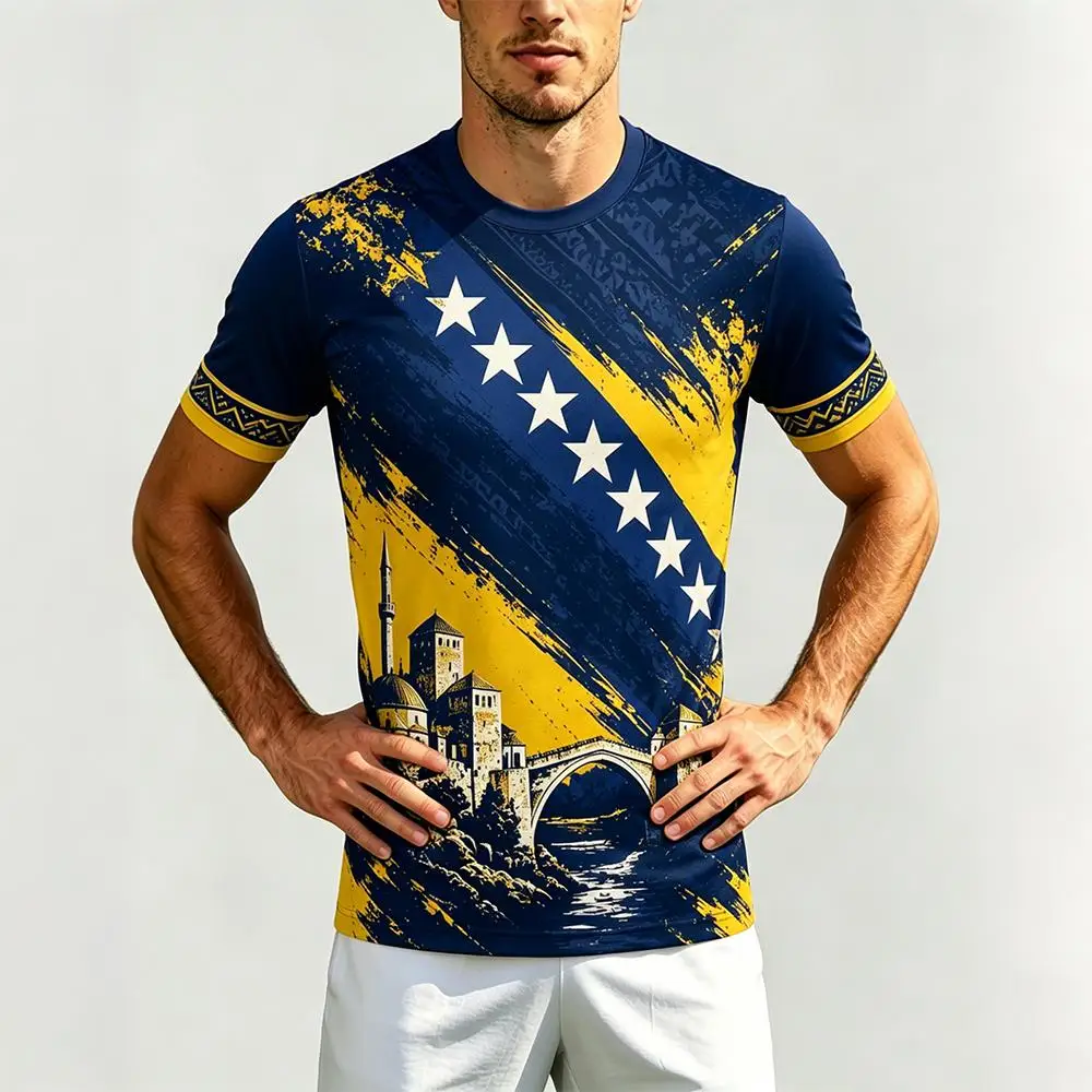 2026 New Bosnia And Herzegovina Flag Printed T-shirt Men Mostar Old Bridge Graphic Football T-shirt Unisex Summer Casual Tops