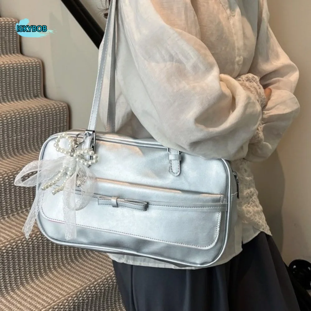 

Stylish Sweet Bow Shoulder Bags PU Adjustable Korean Boston Pillow Bag Solid Color Square Tote Bag Shopping