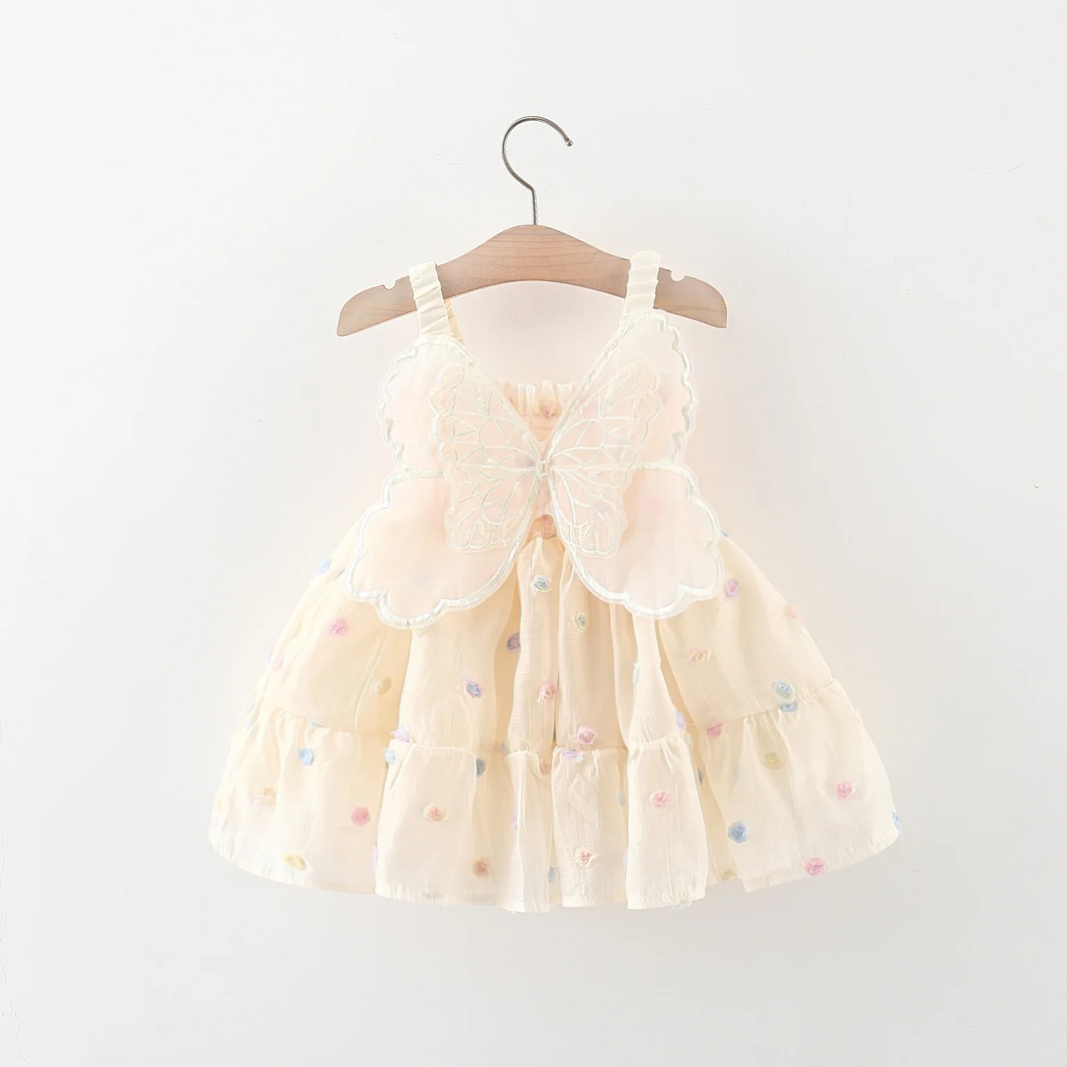 Baby Girl Dress Summer Butterfly Wings Floral Pattern Halter Mesh Puffy Baby Dresses Cute Casual Baby Girl Clothing